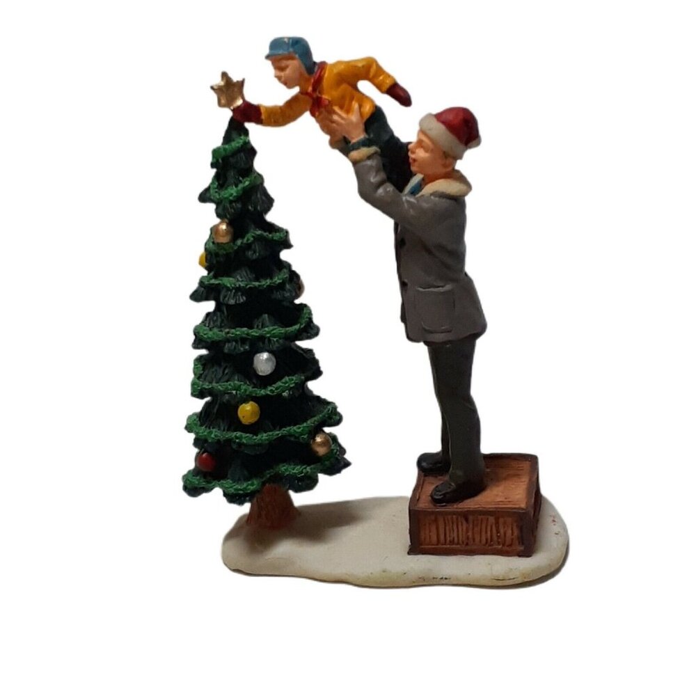 Lemax Christmas Village Father Holding Son Up to Put Star on Christmas Tree